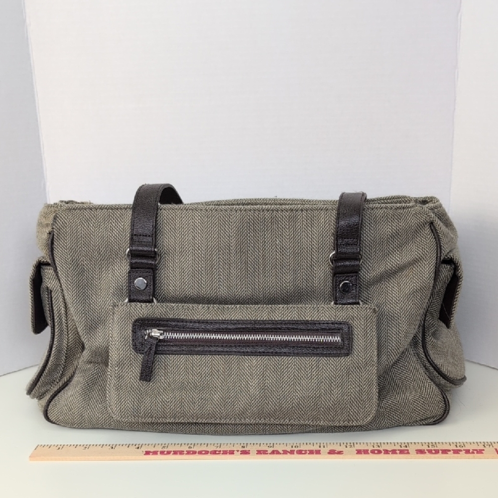 Dark Brown And Tan Herringbone Weekender Bag